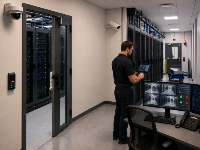 Data Center Physical Security Systems Design and Installation Data center physical security system with access control, video surveillance, server racks, technician, and security workstation
