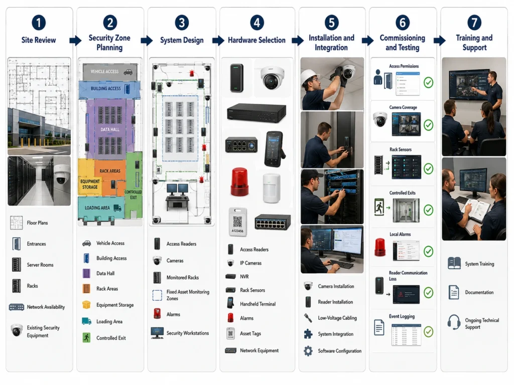 Seven-stage data center security project lifecycle from site review through design, installation, testing, training, and support
