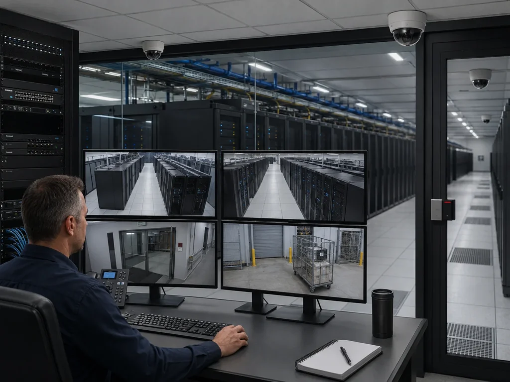 Security operator monitoring data center aisles, restricted entrances, and equipment areas through multiple surveillance camera views