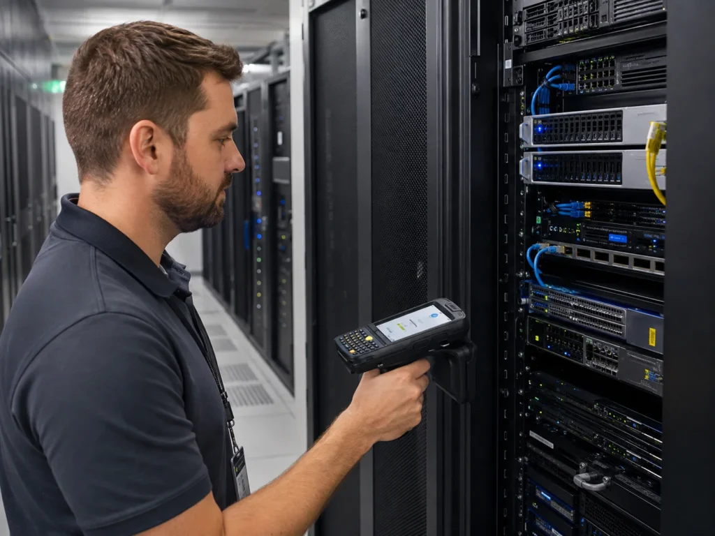 Technician using a handheld terminal to locate a selected server or network device inside a data center rack