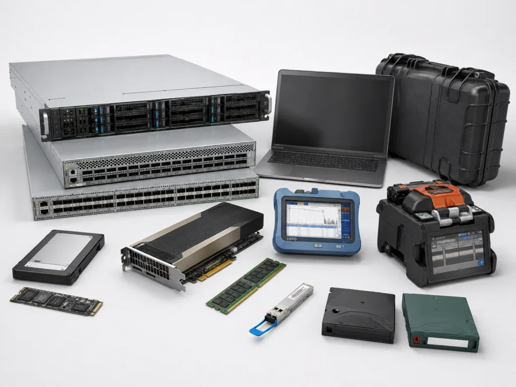 Servers, network switches, laptop, GPU, memory, storage drives, test equipment, hard cases, and backup media