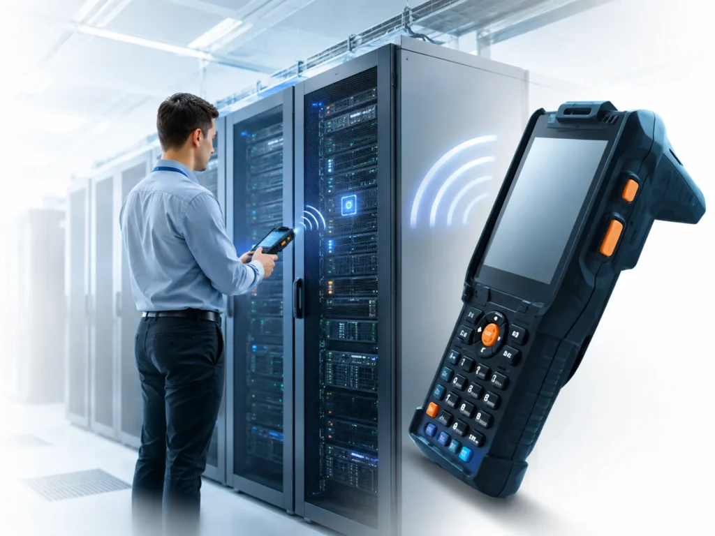 IT Asset Tracking Software for Data Centers Data center technician using a handheld inventory reader to track servers and network equipment