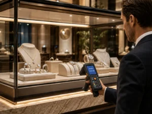 Employee performing fast jewelry inventory with a handheld reader