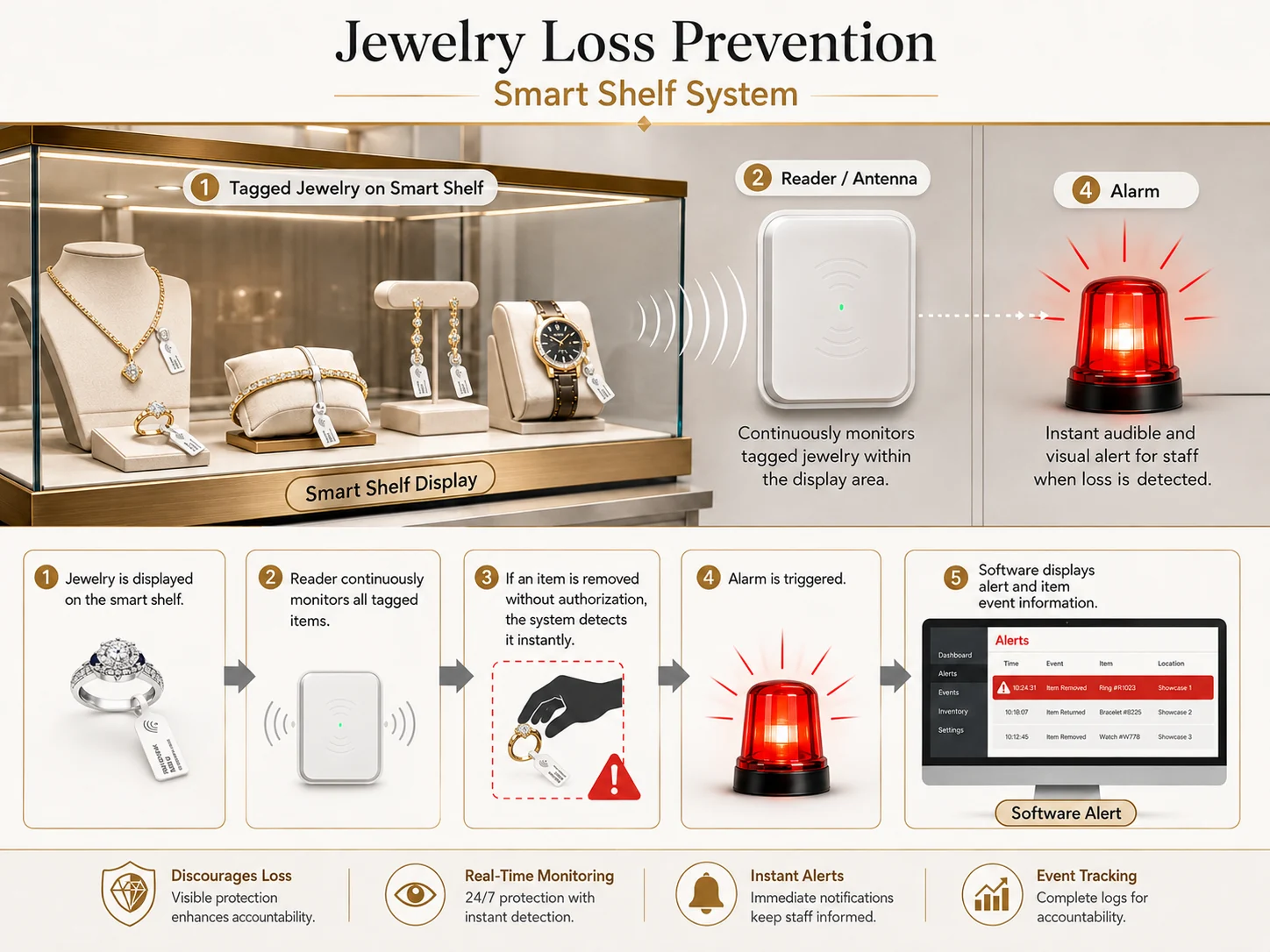Automated Jewelry Monitoring Smart Shelf System automated jewelry monitoring system with tagged jewelry, reader, alarm and software event alerts