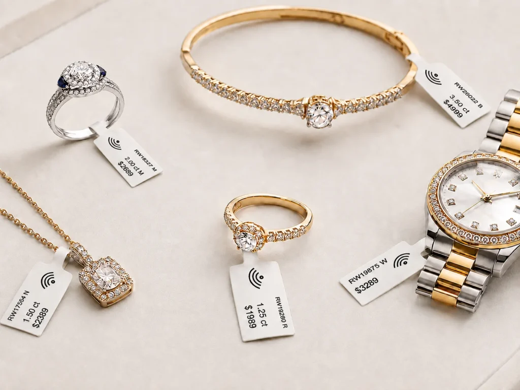 Jewelry security tags attached to rings, bracelet, necklace and watch
