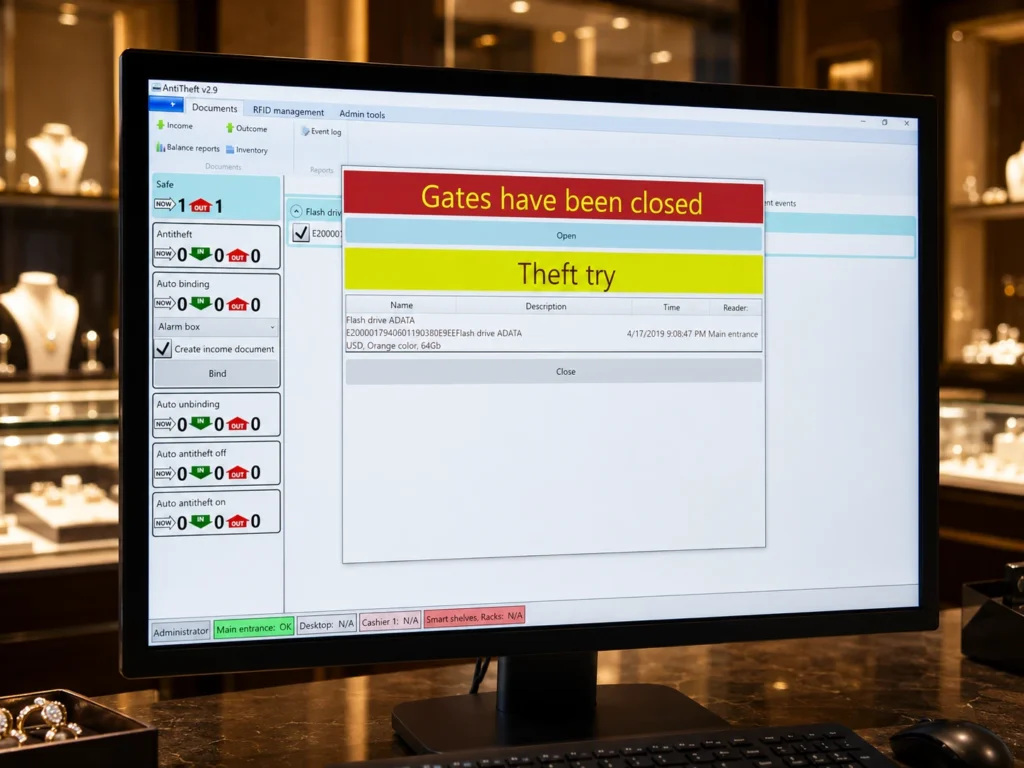 Jewelry theft prevention software showing a real-time security alert