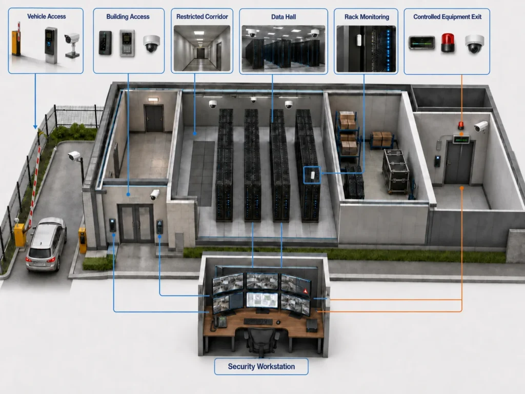 Layered data center physical security diagram with vehicle access, building access, restricted corridor, data hall, rack monitoring, controlled equipment exit, and security workstation