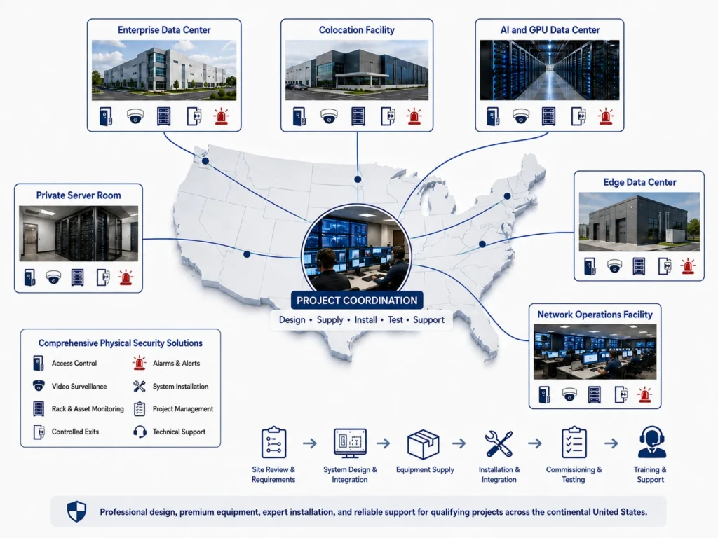 Map of continental United States showing nationwide data center security design, supply, installation, testing, and support
