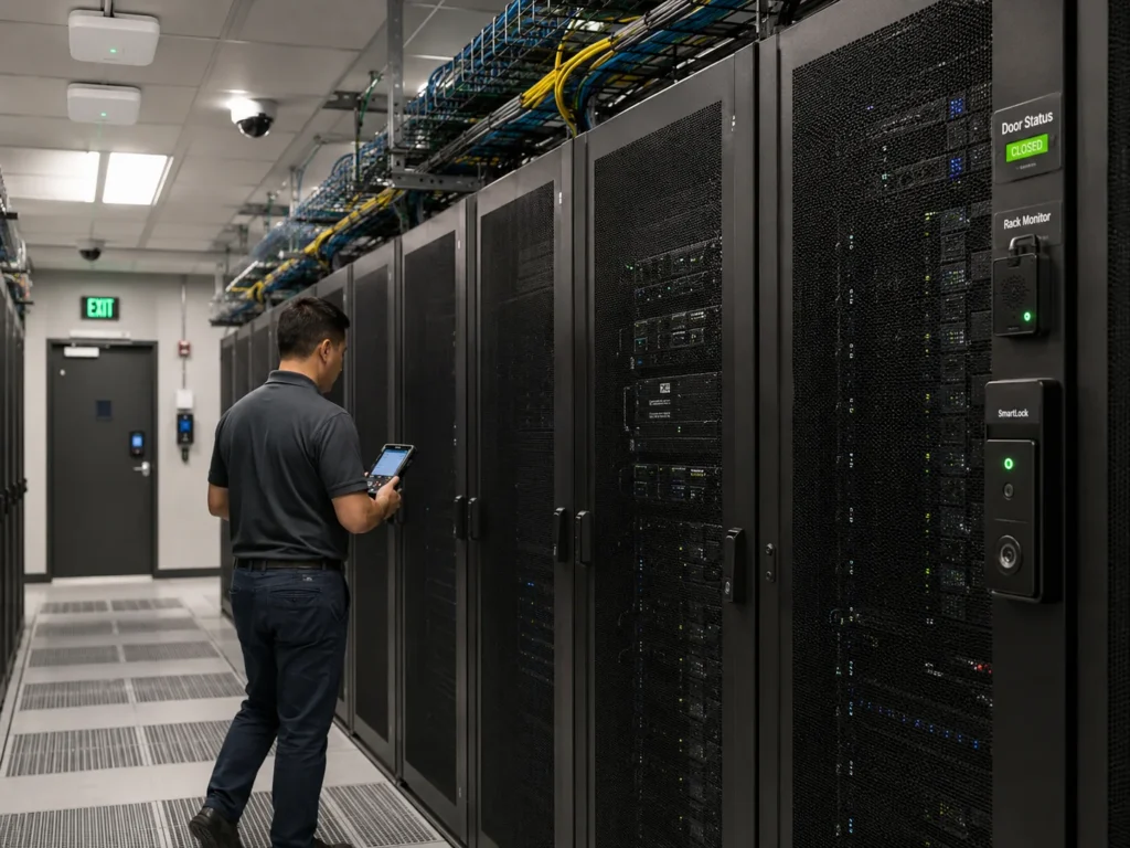 Technician checking server racks equipped with rack door monitoring and access devices