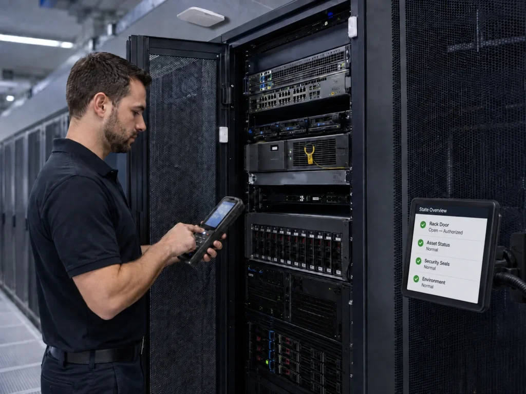 Technician inspecting an open server rack with authorized door status, asset monitoring, security seals, and handheld inventory terminal