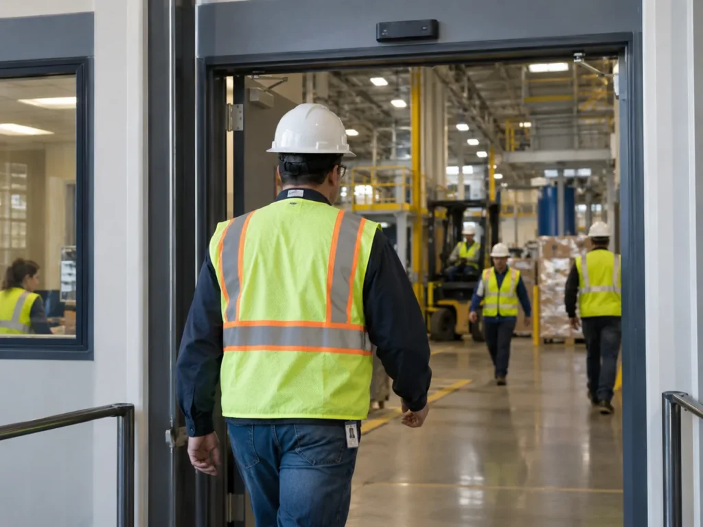 Employee safety equipment and contactless access control at workplace entrance