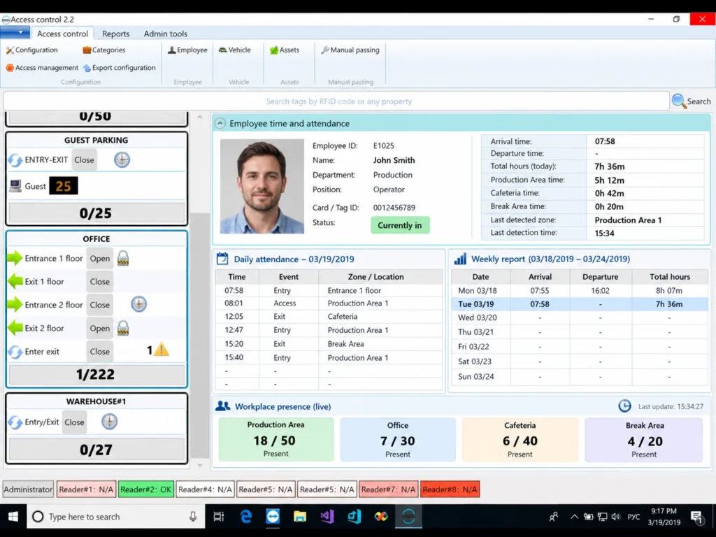 Employee time and attendance software with workplace zone reporting
