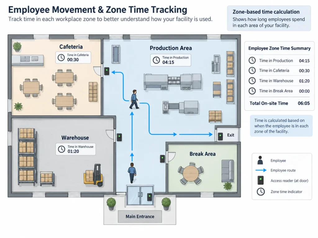 Employee zone time tracking and workplace movement diagram