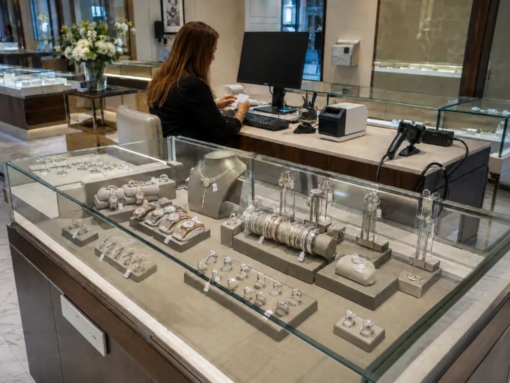 RFID workstation with tagged jewelry and handheld reader