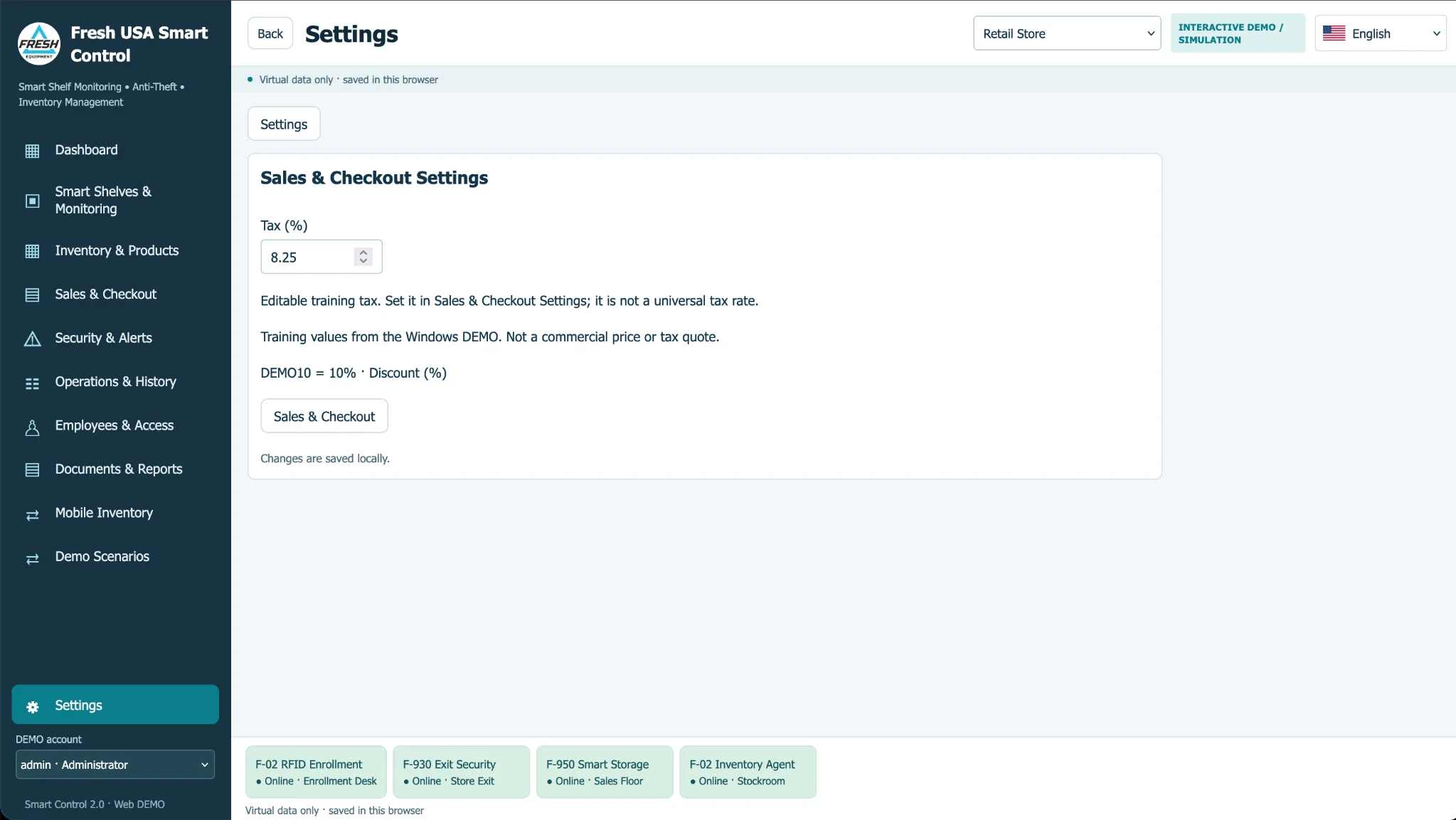 Smart Control checkout settings for sales tax and discount configuration in the interactive demo