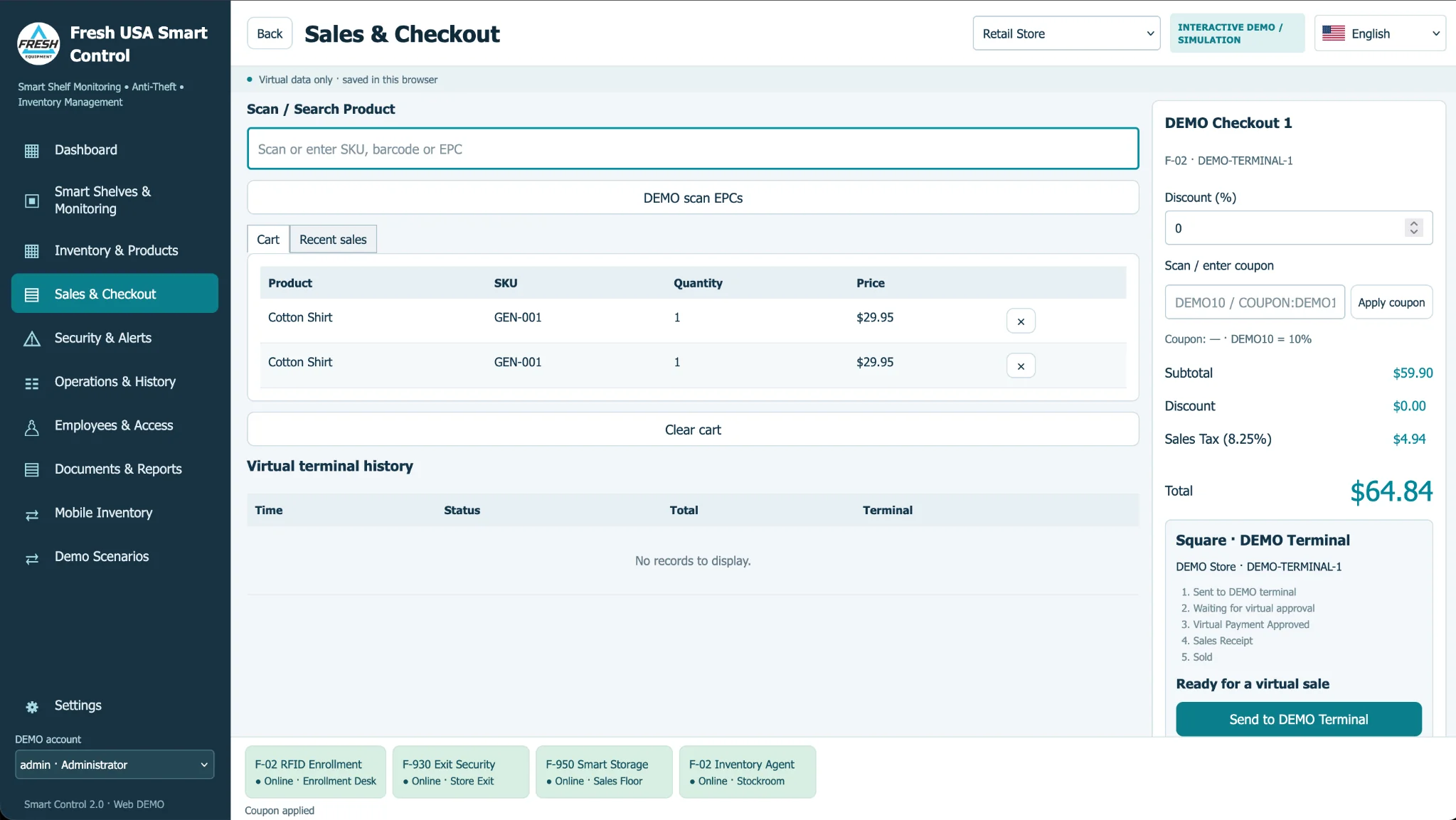 Smart Control sales and checkout screen with shopping cart, coupons and virtual payment terminal