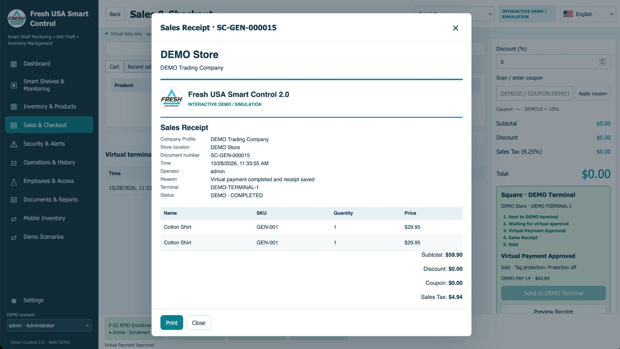 Smart Control sales receipt preview showing item quantities, prices, tax and transaction history