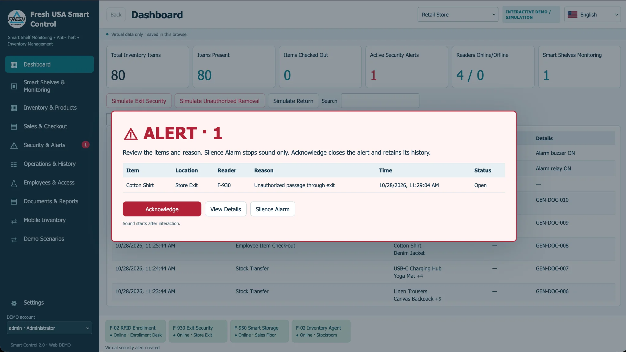 Smart Control security alert popup showing unauthorized item removal and alarm details