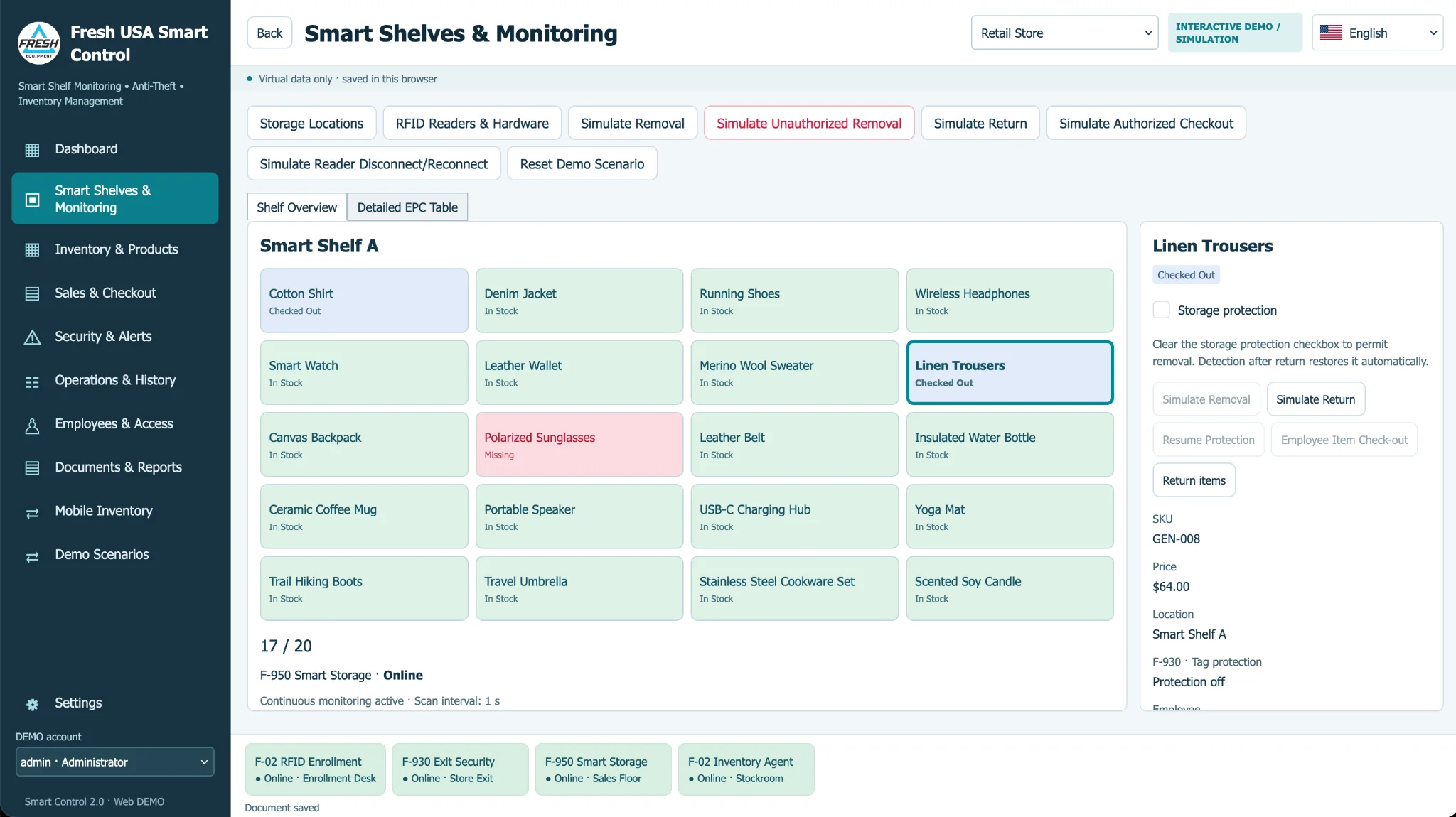 Smart Shelf monitoring software displaying item status and controlled merchandise movements