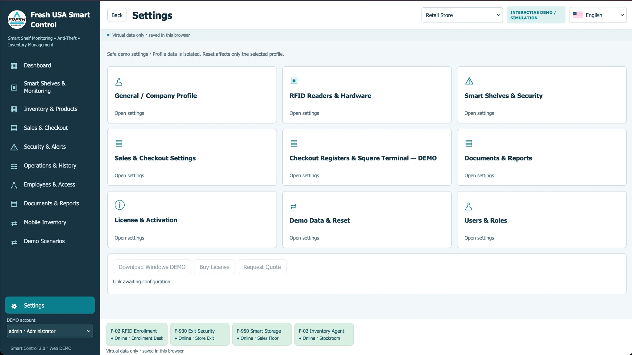 Fresh USA Smart Control software settings dashboard with administration and configuration options
